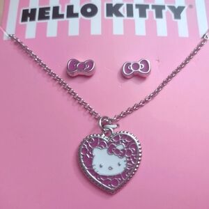 Hello Kitty Bow Heart Silver Charm Earrings Necklace Set Y2K Kawaii Decora